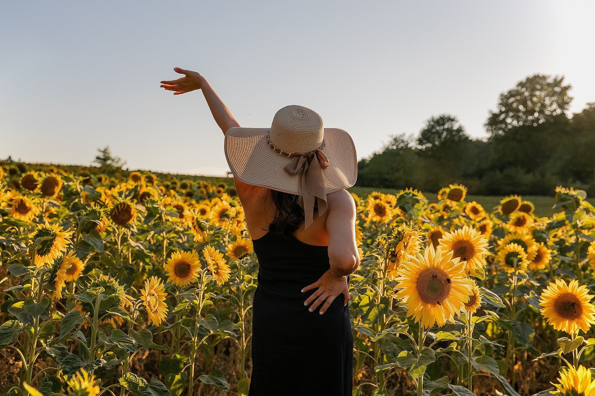 Woman in a black sundress and straw hat standing in a field of sunflowers raising her hand to the sky.